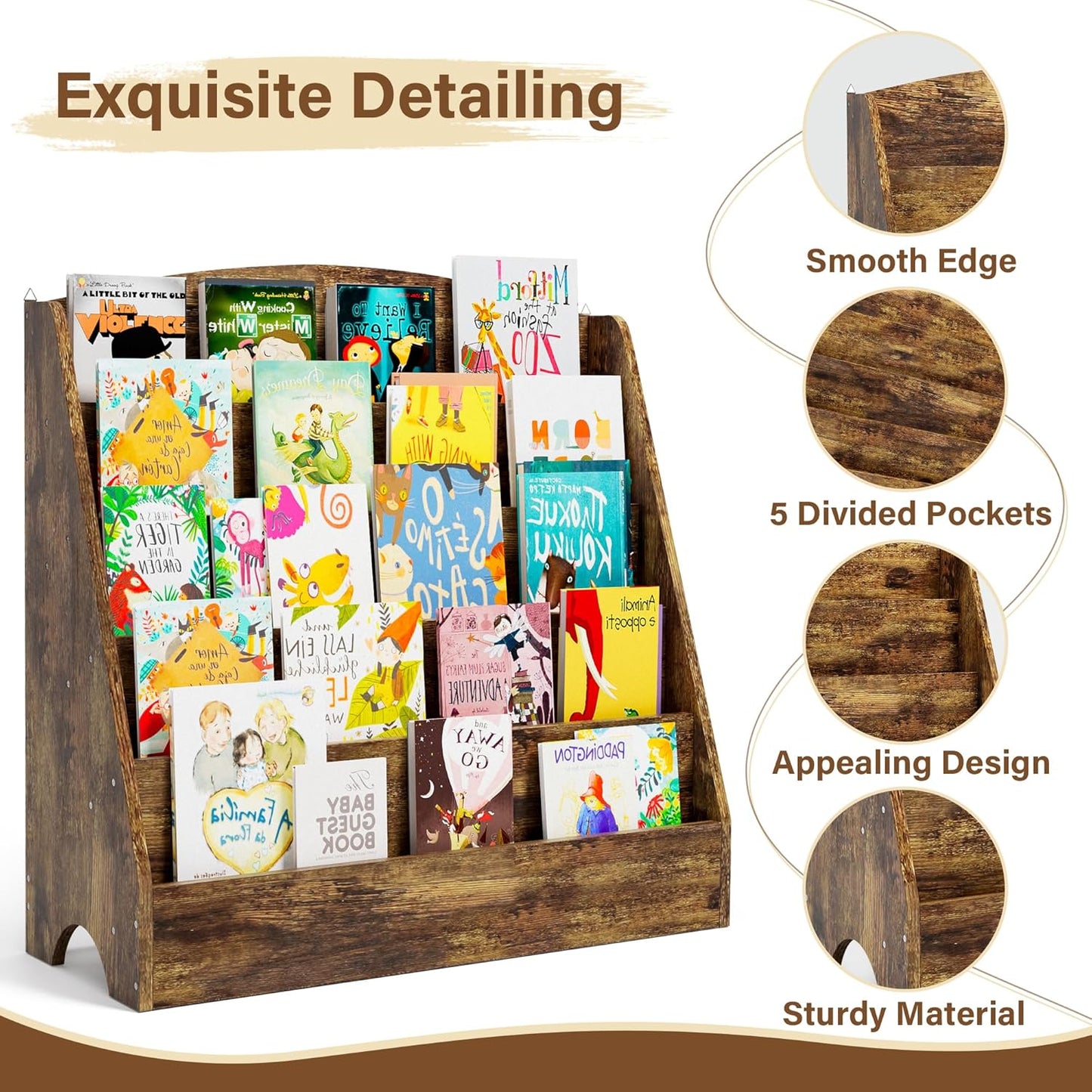 TOETOL 5-Tier Kids Bookshelf - Toddler Book Display Shelves for Classrooms, Playrooms, and Nursery - Wooden Children Book Rack (Rustic Brown)