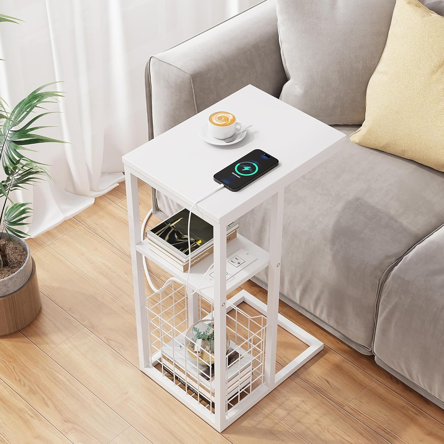 Vagusicc C Shaped End Table with Charging Station, Side Table for Couch, Small Side End Table for Small Spaces, 28" High Slide Under Sofa Table for Coffee, Tv Tray Table for Living Room, White