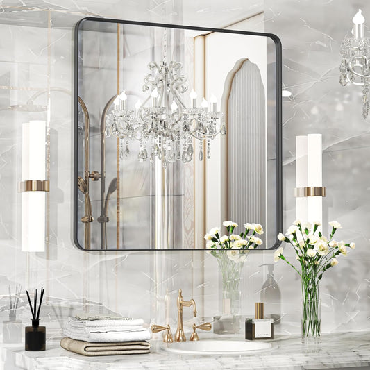 30×30 Black Bathroom Mirror, Rectangular Bathroom Vanity Mirror for Wall with Rounded Corners & Aluminum Alloy Frame, Tempered-Glass, Modern, Farmhouse, Horizontal/Vertical, Entryway, Bedroom
