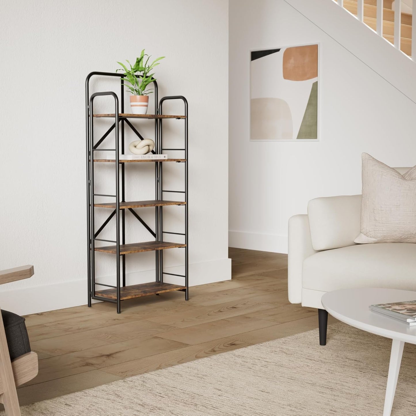 4NM No Assembly Folding Bookshelf 5 Tiers Vintage Industrial Black Book Shelf Metal Foldable Storage Bookcase and Bookshelves for Living Room,Bedroom and Kitchen - Rustic Brown