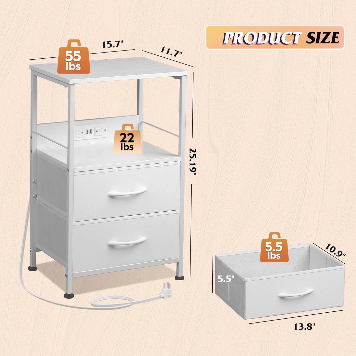 WLIVE White Night Stand Set of 2 with Charger Station, LED Nightstand with 2 Fabric Drawers and Storage Shelf, Bedside Tables with 3 USB Ports and 2 Outlets, Small Dresser for Bedroom,Small Space