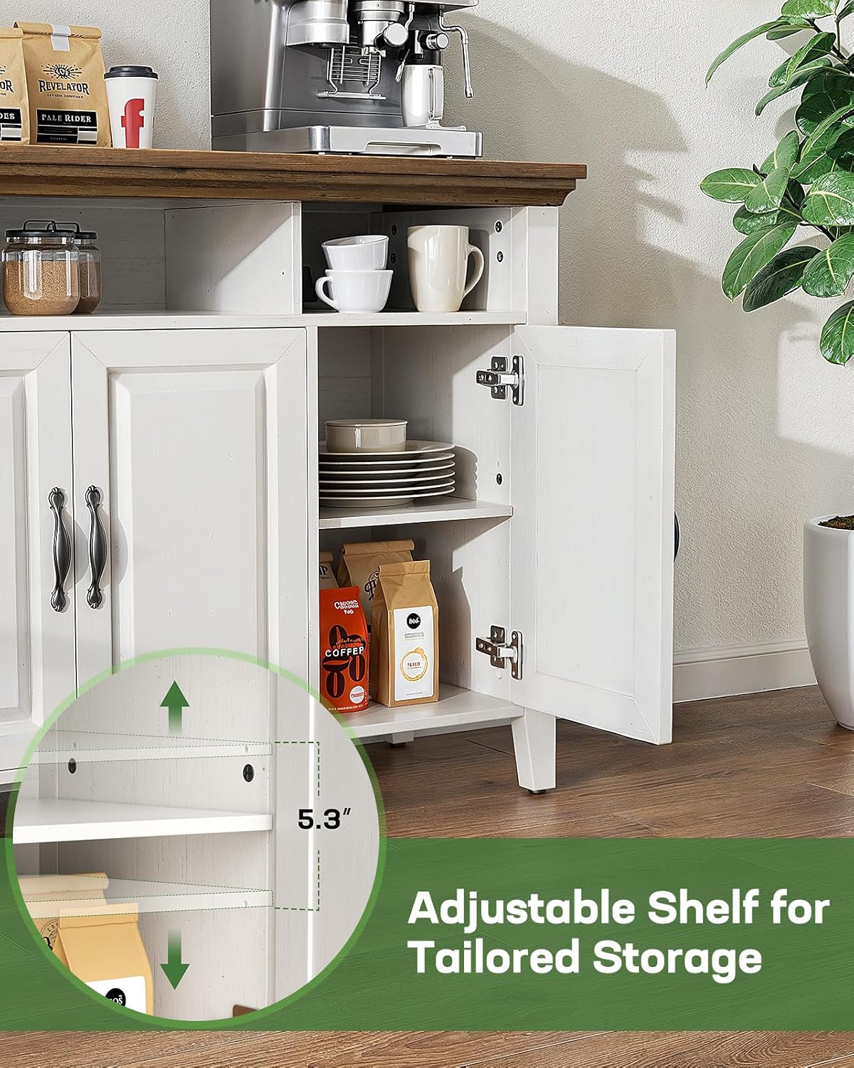 Marsail Sideboard Buffet Cabinet with Storage, 55" Farmhouse Kitchen Buffet Bar Table 4 Door Storage Cabinets for Dining Room Furniture, Wood White