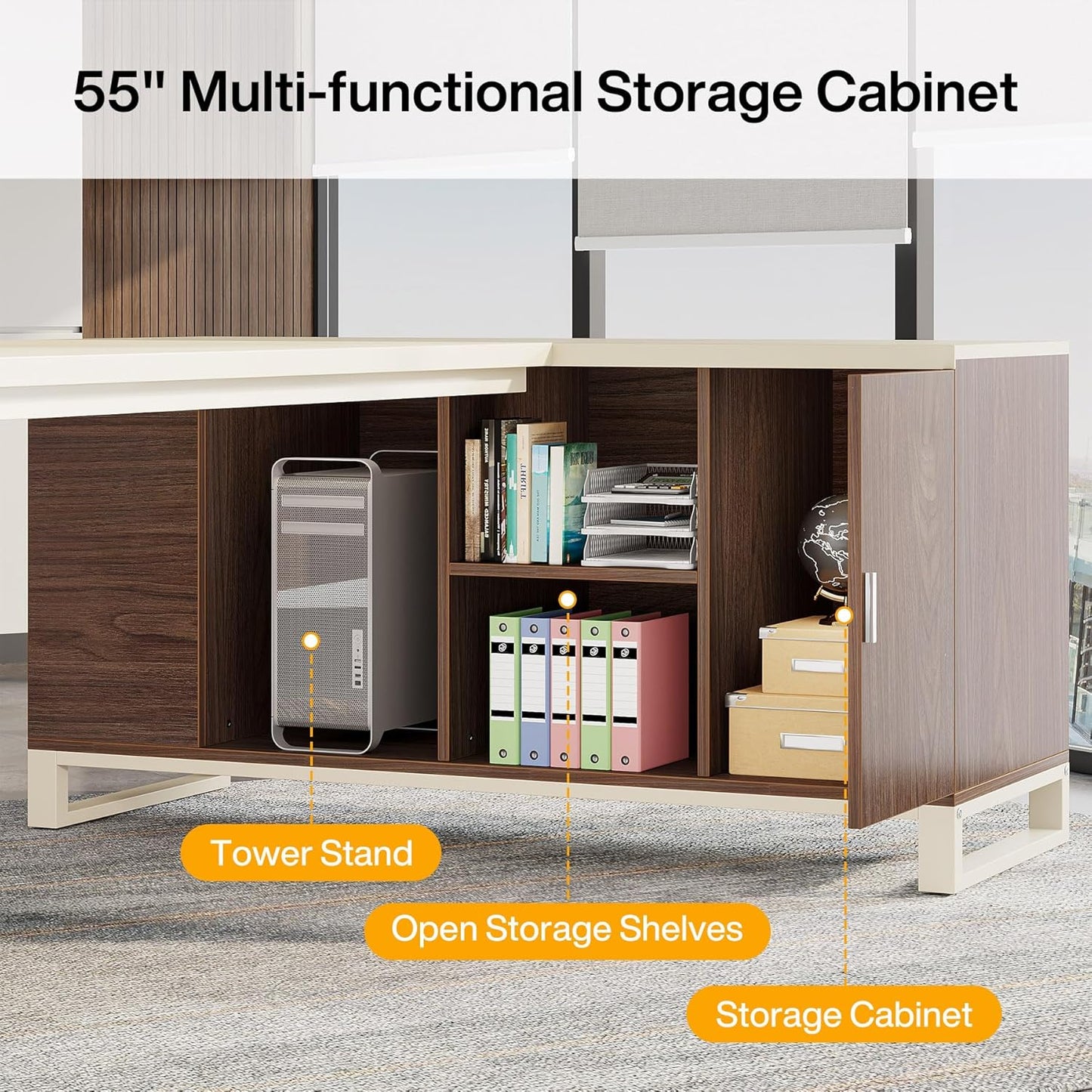 Tribesigns 70.8" Executive Desk with 55" File Cabinet, Modern L Shaped Computer Desk with Storage Shelves and Cabinet, Large L Shaped Executive Desk for Home Office, Beige & Walnut