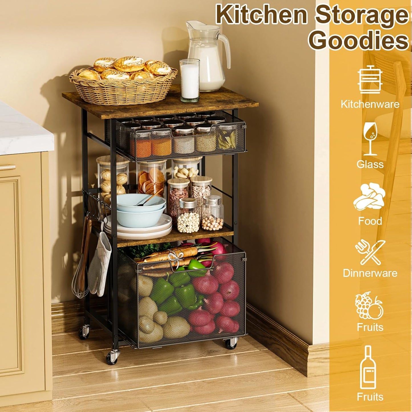 Microwave Stand with Drawers & Hooks,3-Tier Rolling Kitchen Cart for Small Spaces, Multifunctional Storage Organizer with Lockable Wheels Rustproof(Black +Vintage, 20.8 * 15.7 * 32.6inch)