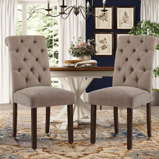 COLAMY Button Tufted Dining Chairs Set of 2, Parsons Upholstered Fabric Dining Room Chairs Kitchen Chairs with Wood Legs and Padded Seat, Taupe