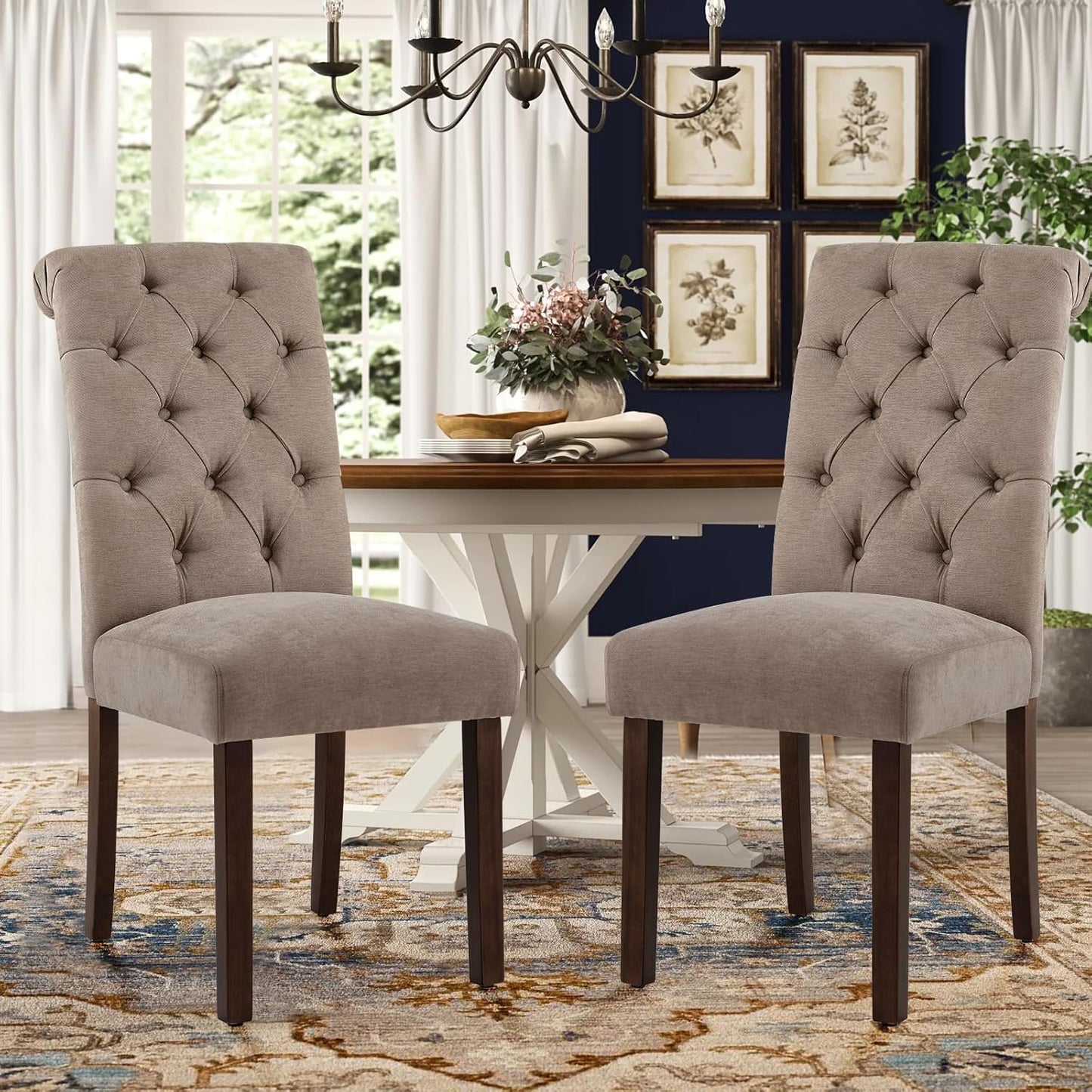COLAMY Button Tufted Dining Chairs Set of 4, Parsons Upholstered Fabric Dining Room Chairs Kitchen Chairs with Wood Legs and Padded Seat, Taupe