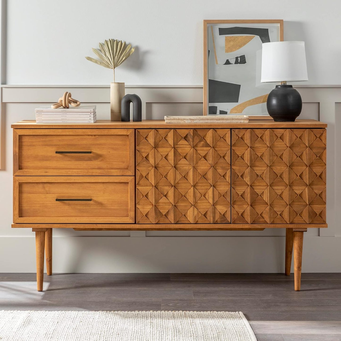 Walker Edison Deluca Boho Solid Wood 2 Door Sideboard with Prism Detail, 58 Inch, Caramel