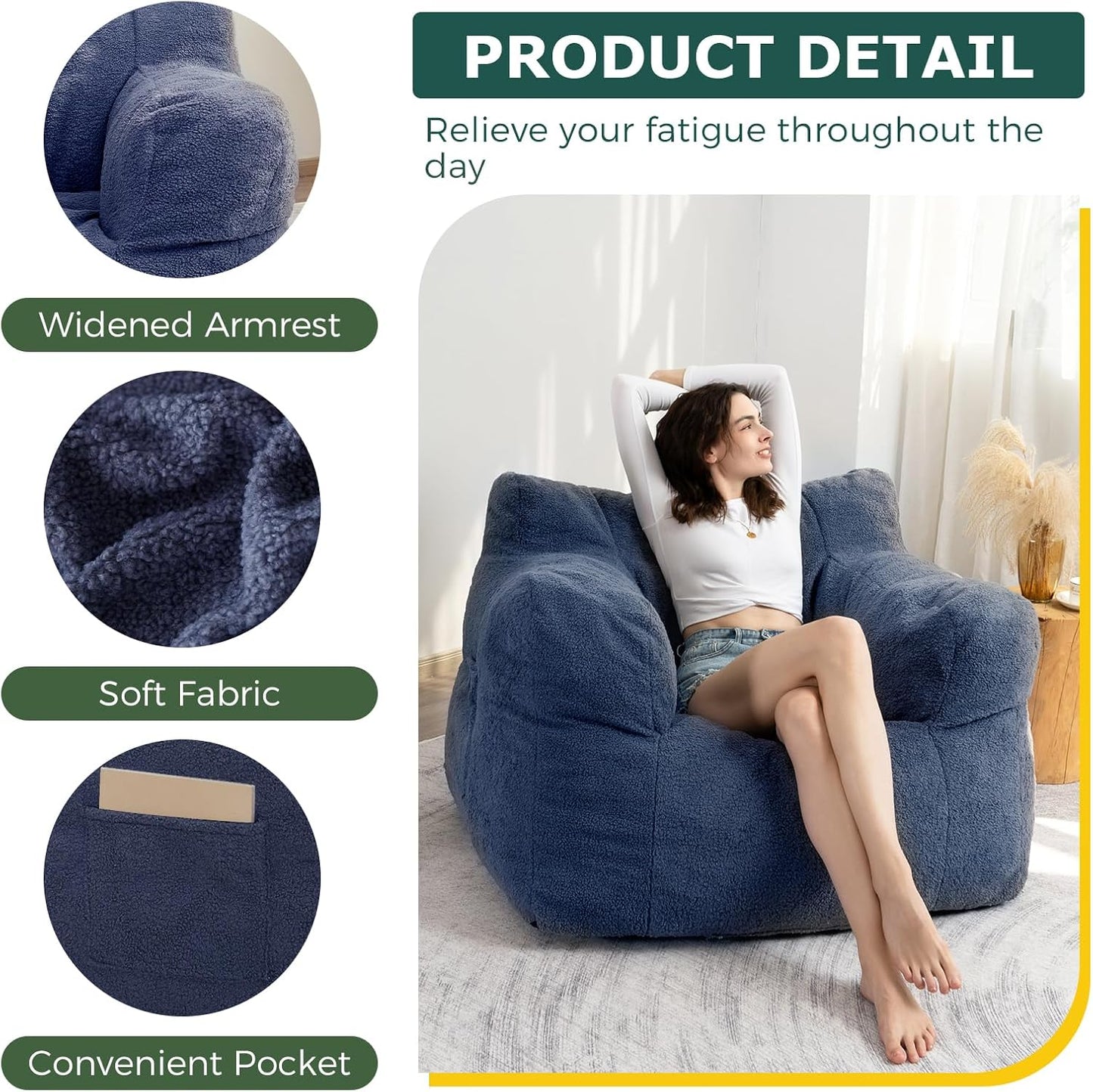 HIGOGOGO Giant Bean Bag Chairs for Adults,Big Comfy Chair Sofa for Bedroom Living Room, Large Lazy Bean Bag Chair with Pocket Armrests for Gaming, Reading