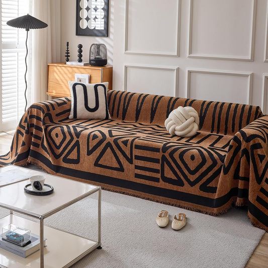 HANDONTIME Boho Geometric Couch Covers for Sofa Pet Friendly Brown and Black Sofa Covers Washable Chenille Couch Blanket Cover for 3 4 Cushion Couches Pet Protector Furniture Cover Soft, 71" X 150"