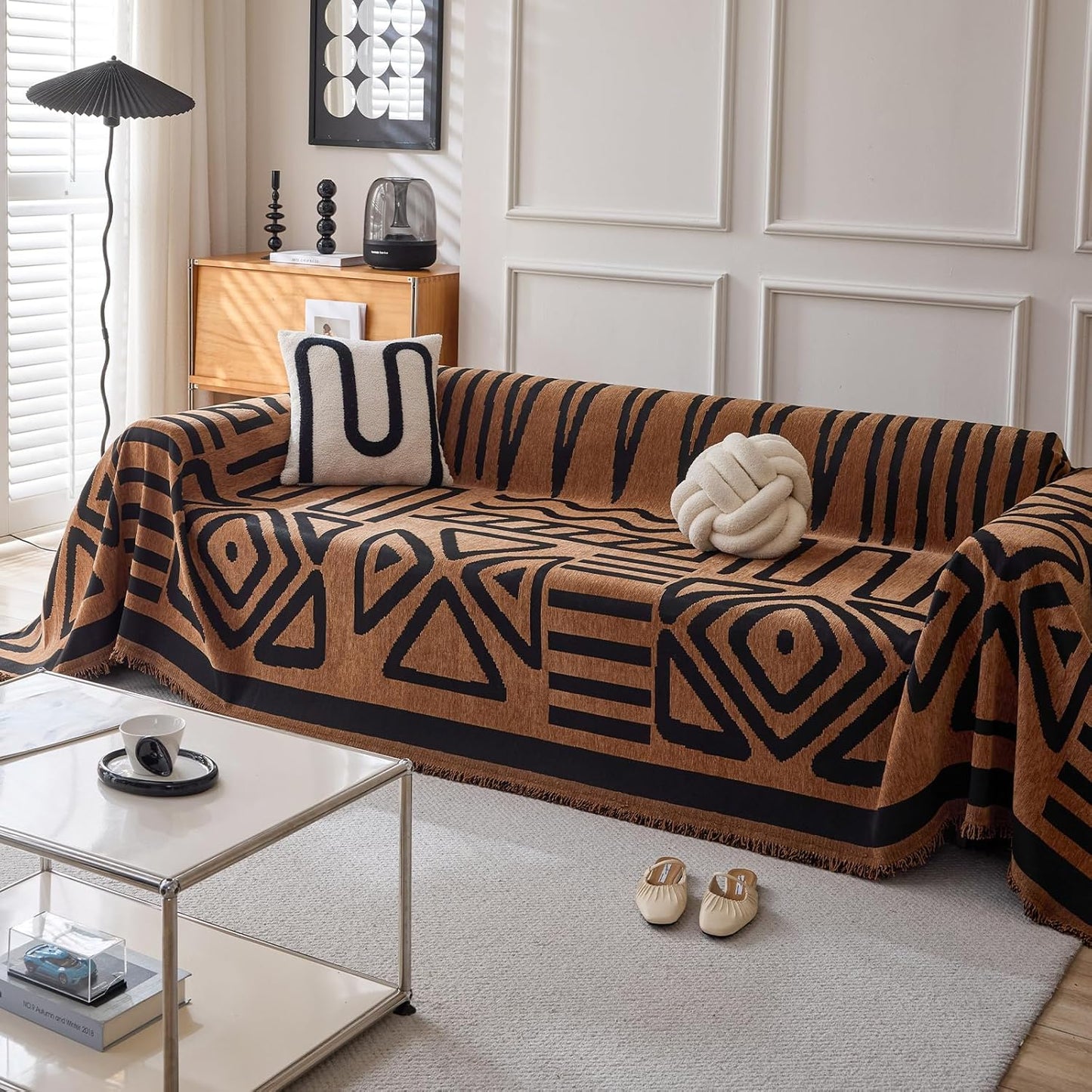 HANDONTIME Boho Geometric Couch Covers for Sofa Pet Friendly Brown and Black Sofa Covers Washable Chenille Couch Blanket Cover for 1 2 Cushion Couches Pet Protector Furniture Cover Soft, 71" X 102"