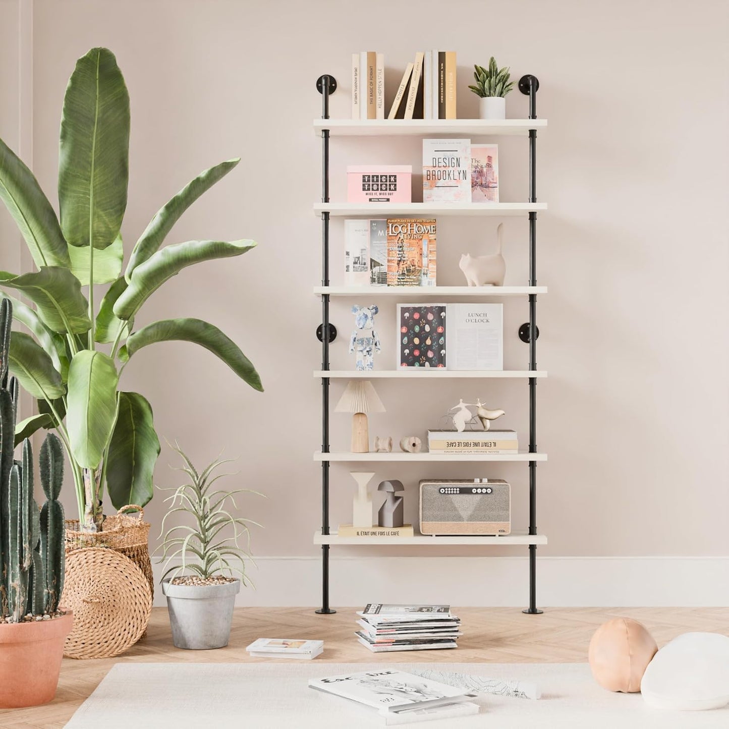 6 Tier Industrial Ladder Shelf Bookcase, Wall Mounted Rustic Bookshelf for Living Room Decor and Storage (White, 6 Tier - 10" D x 36" W x 82.5" H)