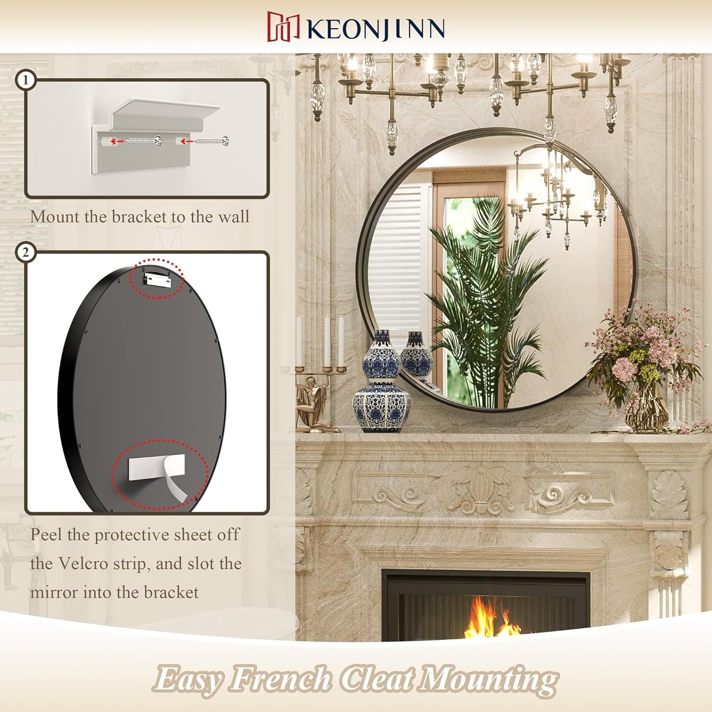 Keonjinn Black Round Mirror 24 Inch, Brushed Black Framed Circle Mirror for Bathroom, Aluminum Alloy Metal Frame, Modern Farmhouse Decorative Wall Mirror for Entryway, Living Room