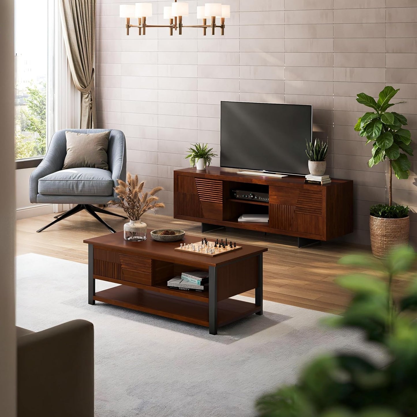 Bme Trapeze Coffee Table for Living Room – Modern Wooden Center Table with Storage, Metal Legs, Large Walnut Coffee Table for Stylish Living Room Furniture Setup