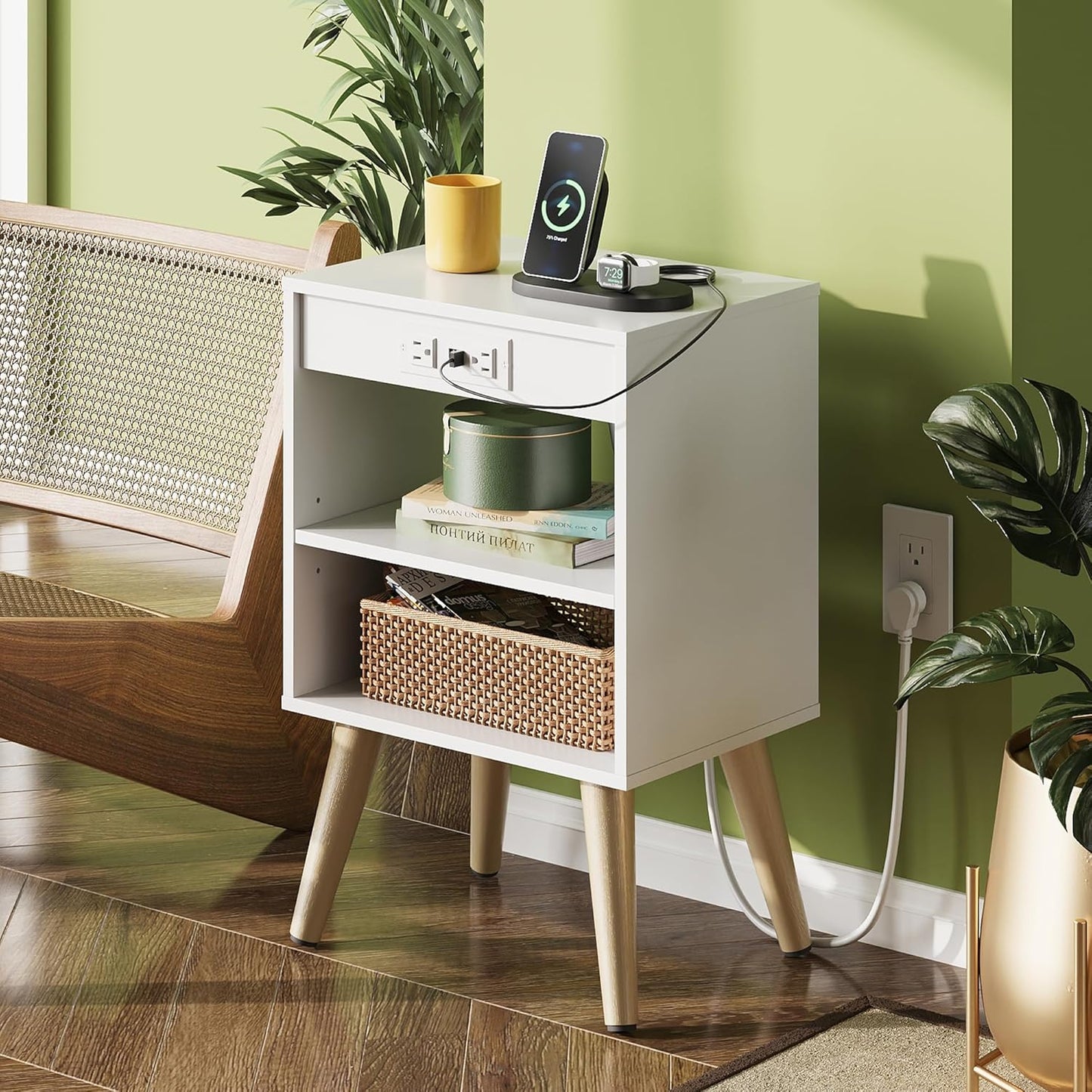 WLIVE White Nightstand, Bedside Tables, Night Stand with Charger Station, Side Table with Storage Shelf, End Table with USB Ports and Outlets for Bedroom, 15.12" D x 11.73" W x 23.74" H