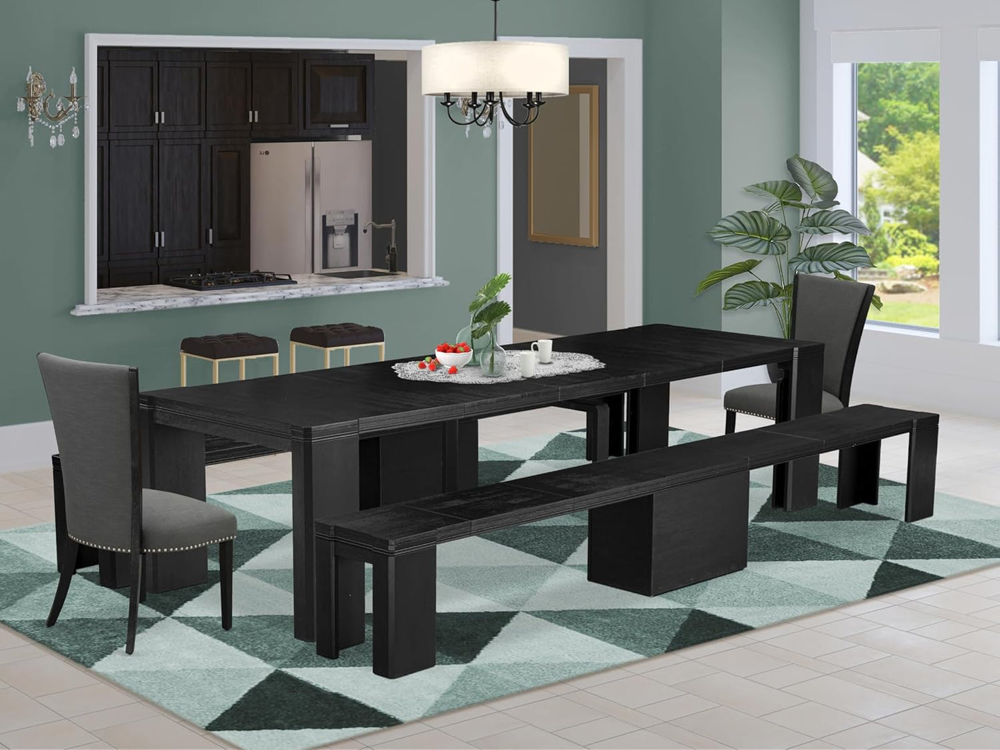 X02VE-206-50 - 5-pc Dining Room Table Set a Rectangular Dining Table and 2 wooden Benches and 2 Dark Gotham Grey Linen Fabric Chairs, 39x120 Inch, Wire Brushed Black
