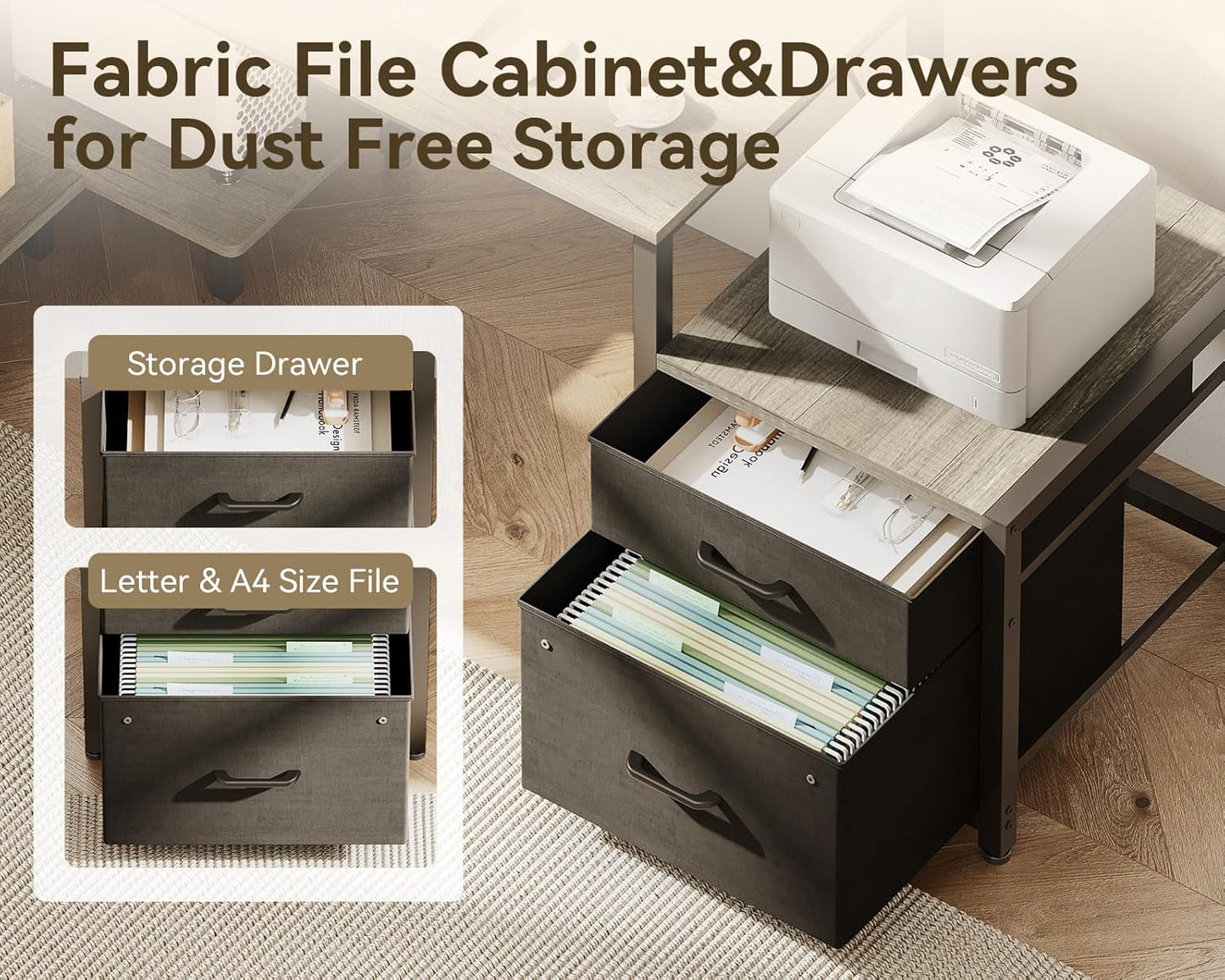 Casaottima L Shaped Desk with Drawers & File Cabinet, Computer Desk with Storage Shelves & CPU Stand, Corner Desk with Power Outlets, Reversible L Desk for Home Office, Grey