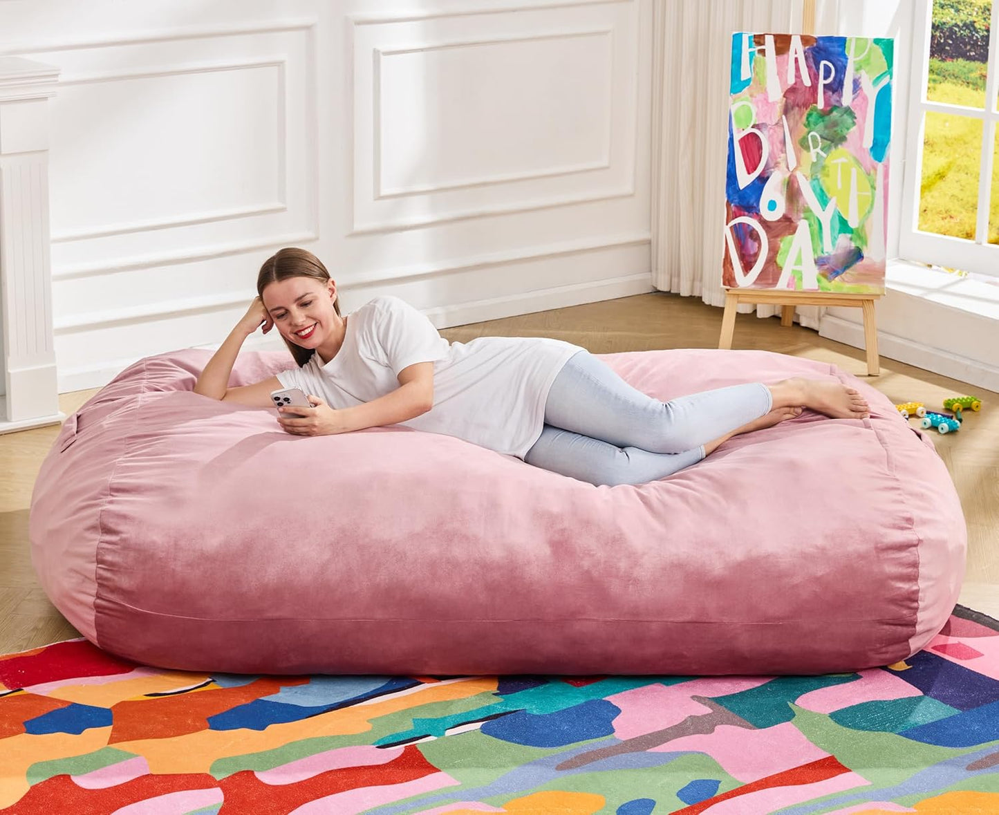 Hobestluk 6FT Bean Bag Chair Large Beanbag Lounger with Removable Cover Adult Bean Bag Chair with Portable Handle Desgin for Living Room Bedroom (Pink, 6FT)