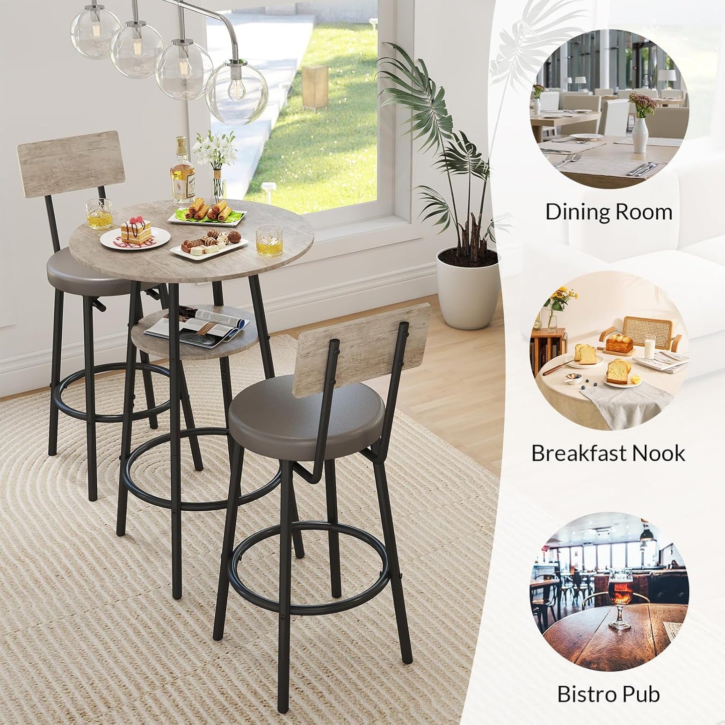 3 Pieces Round Bar Table and Chairs Set, Small Dining Table for 2, Kitchen Bar Table, Breakfast Table with Storage, 2 Thickened Cushion Stools with Backrest for Dining Room & Bistro-Grey