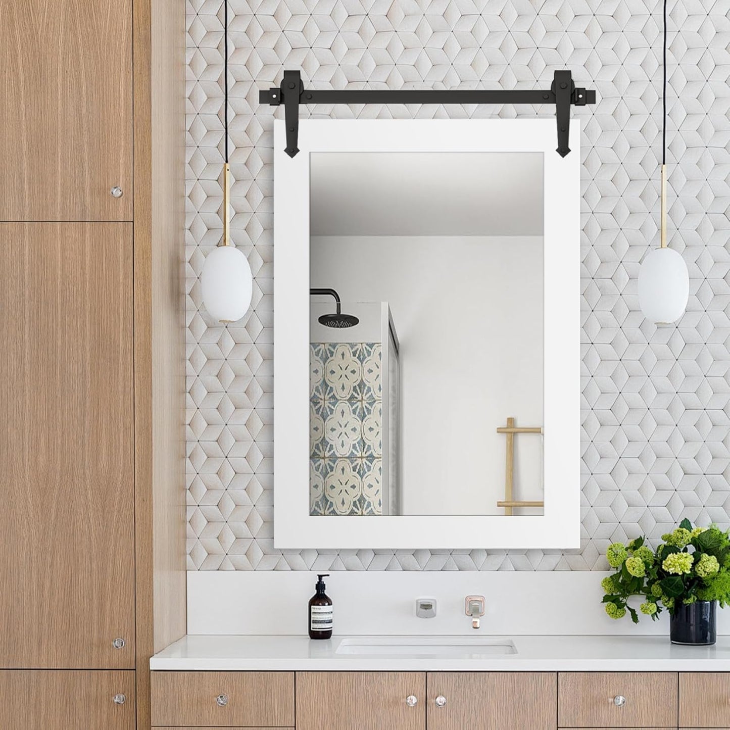 Bathroom Mirror for Over Sink 26”x40” Farmhouse Barn Door Mirror Rustic Wood Framed Wall Mirror for Bathroom, Bedroom, Entryway (Bright White)