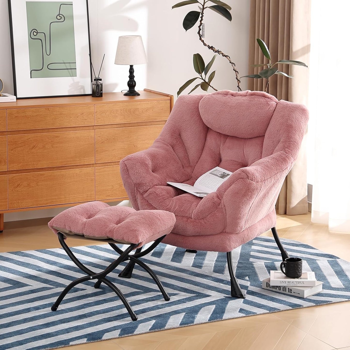 Lazy Chair with Ottoman, Modern Chair with Folding Footrest, Lounge Accent Chair, Comfortable Reading Chair (Plush Dark Pink)