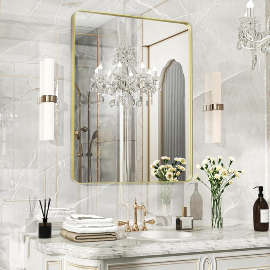 28×36 Gold Bathroom Mirror, Rectangular Bathroom Vanity Mirror for Wall with Rounded Corners & Aluminum Alloy Frame, Tempered-Glass, Modern, Farmhouse, Horizontal/Vertical, Entryway, Bedroom