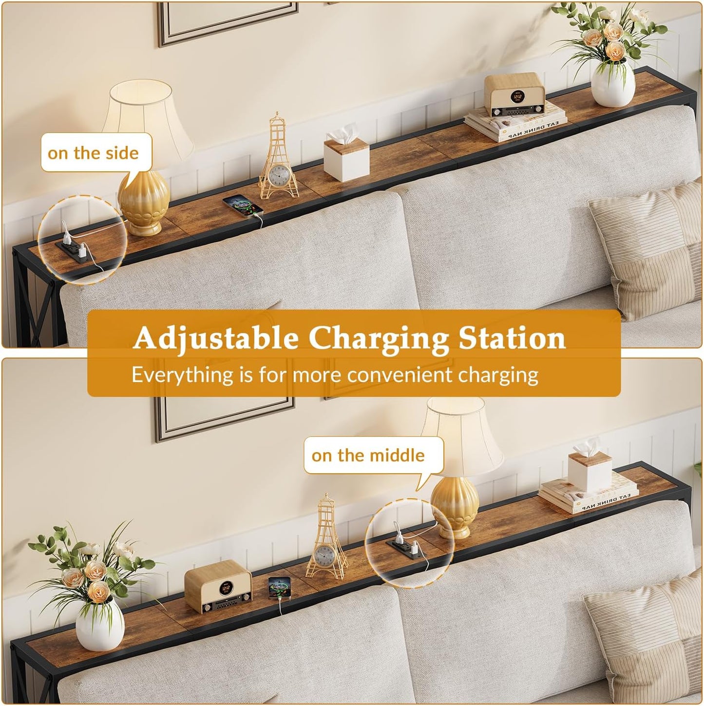 70 in Skinny Sofa Table Behind Couch, Console Table with Oulets & USB Ports for Hallway, Entryway,Living Room, Bedroom, Rustic Brown