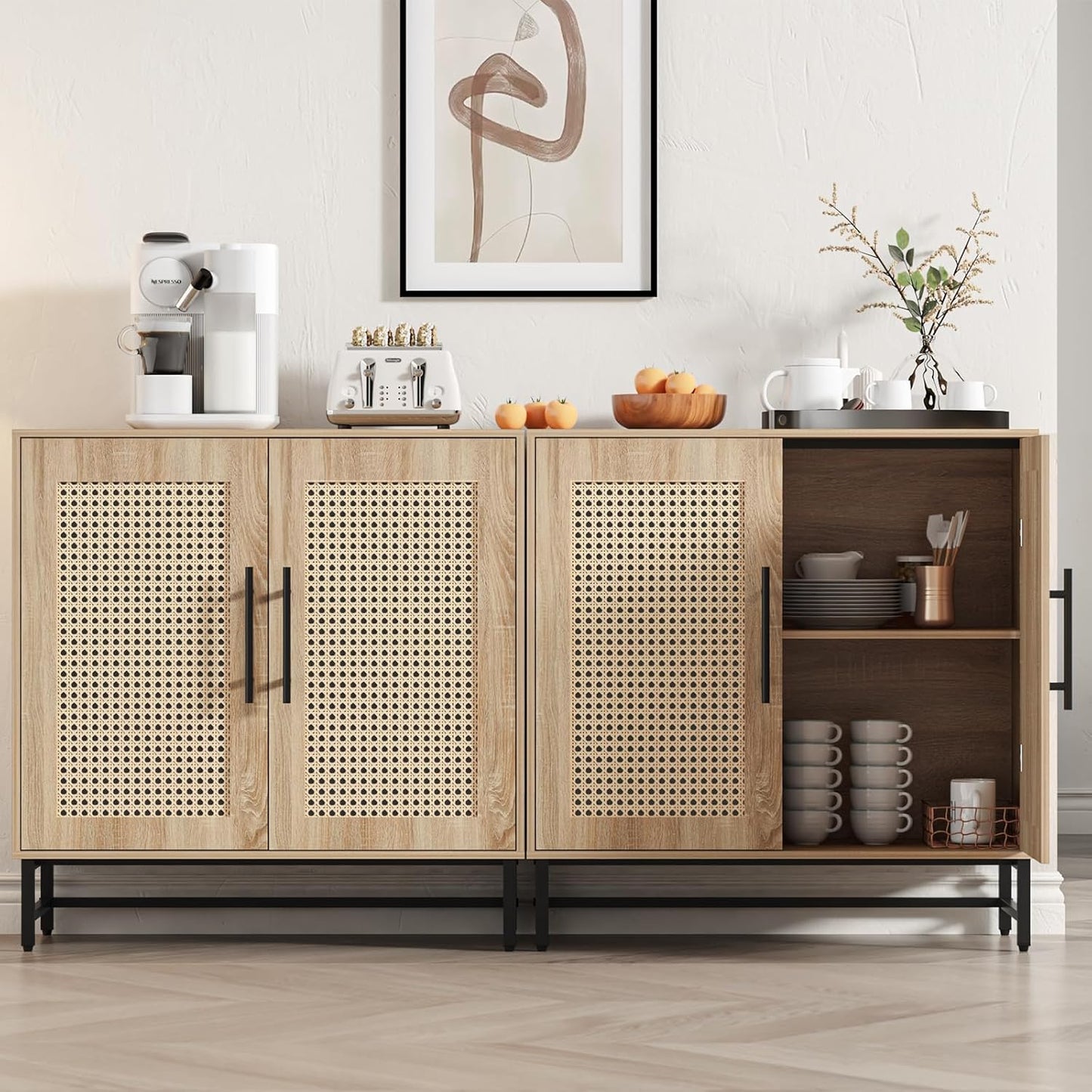 KFO Storage Cabinet with Handmade Natural Rattan Doors, Rattan Buffet Cabinet, Sideboard for Living Room, Hallway, Dining Room, Entryway