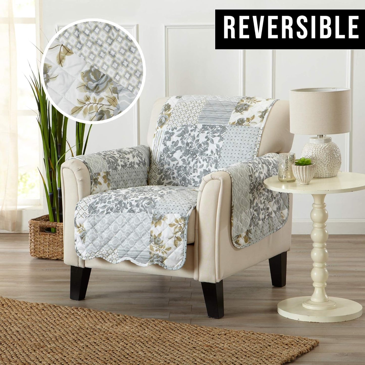 Patchwork Scalloped Printed Furniture Protector Stain Resistant Chair Cover (Chair, Grey)
