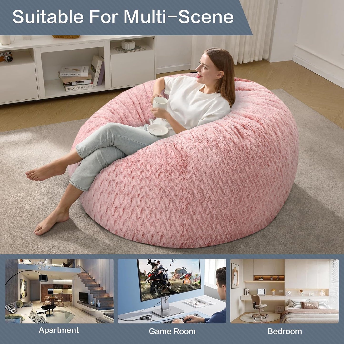 5ft Bean Bag Chairs for Adults Large Beanbag Chair with Chevron Plush Fur Cover Big Bean Bag Chair for Living Room Bedroom Dorm (Pink)