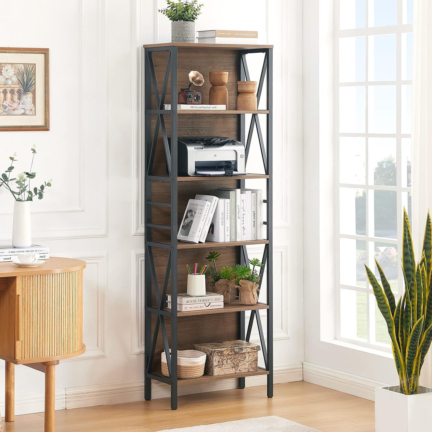 HOMISSUE Tall Bookshelf, 6-Tier Book Shelf, Rustic Wood Metal Bookshelves and Bookcases, Freestanding and Industrial Open Bookcase for Home Office, Living Room and Bedroom, Vintage Brown