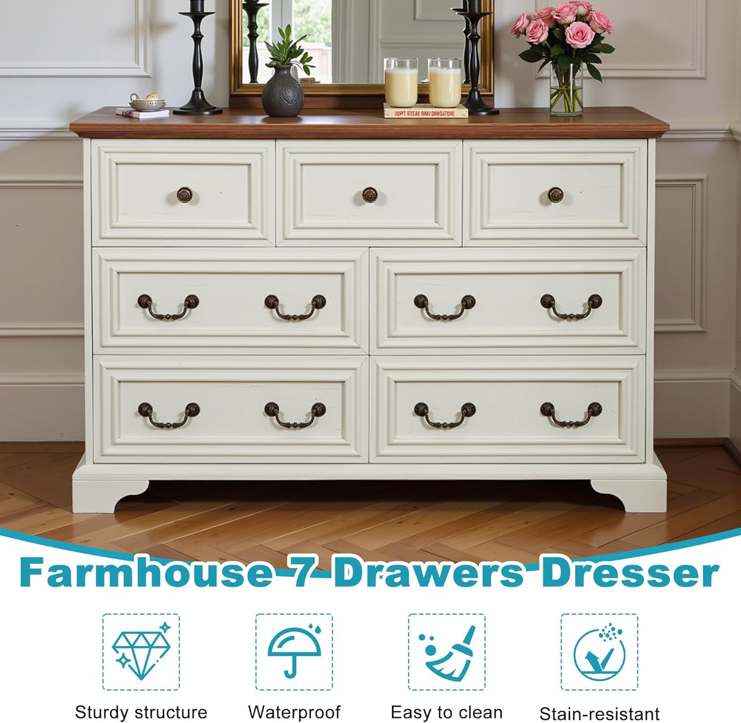 47.2" Farmhouse Sideboard Buffet Cabinet with Storage, Kitchen Buffet Storage Cabinet with 7 Drawers, Modern Wood Accent Sideboard for Living Room, Kitchen, Hallway(Antique Brown+White)