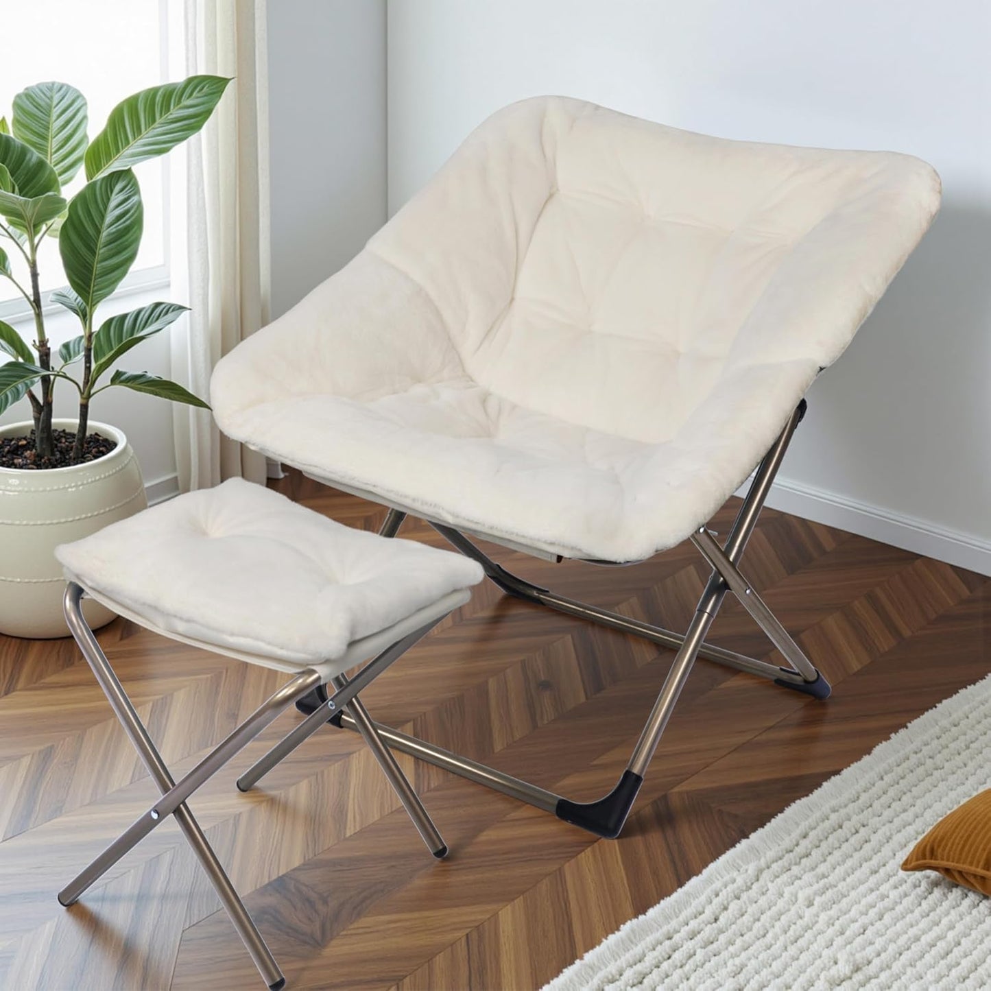 Kokel Plush Folding Chair and Ottoman Padded Metal Frame Living Room Chair (White-TM3)