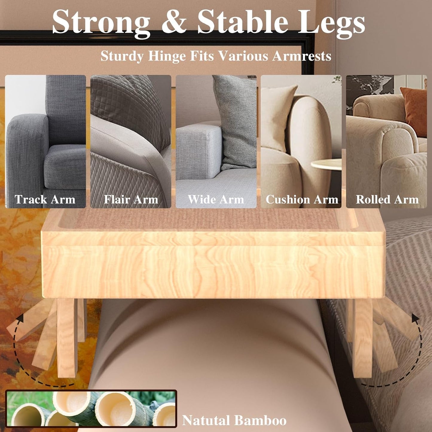 Bamboo Couch Arm Table with 2 Rotating Lids & Adjustable Phone Holder,Foldable Couch Arm Tray,Non-Slip Arm Rest Table Clip for Couch Pillow,Sofa Arm Tray for Snacks,Drinks or Dining