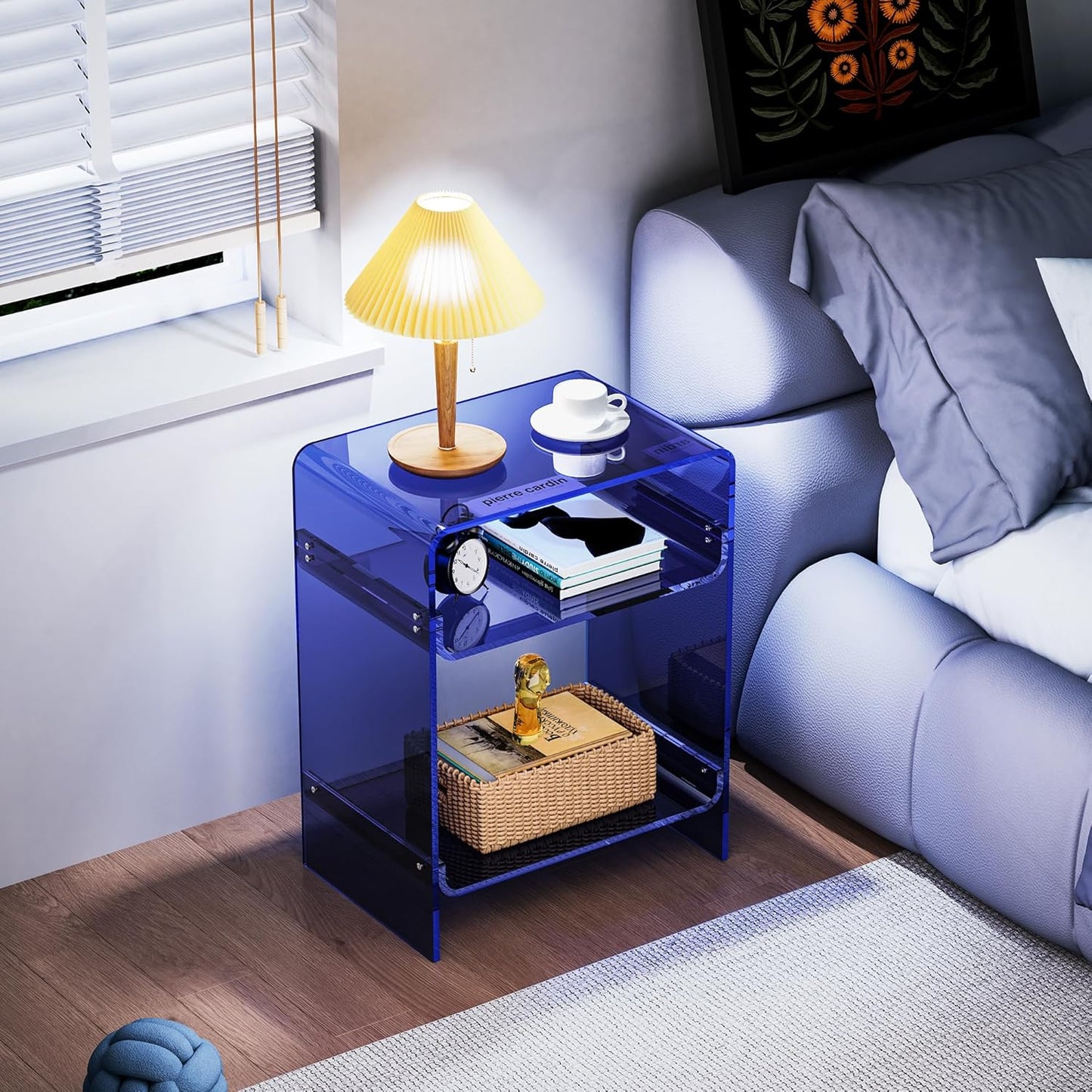 Acrylic Record Player Table with Storage Shelf, Clear Side Table Nightstand (Dark Blue)