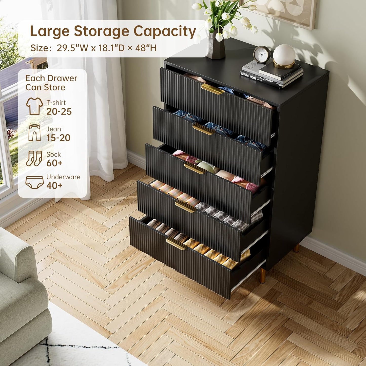 GarveeHome Black Dresser, Modern 5 Drawer Dresser for Bedroom with Gold Handle and Large Drawer, Wood Double Chest of Drawers and Storage Organizer for Living Room, Hallway, Entryway