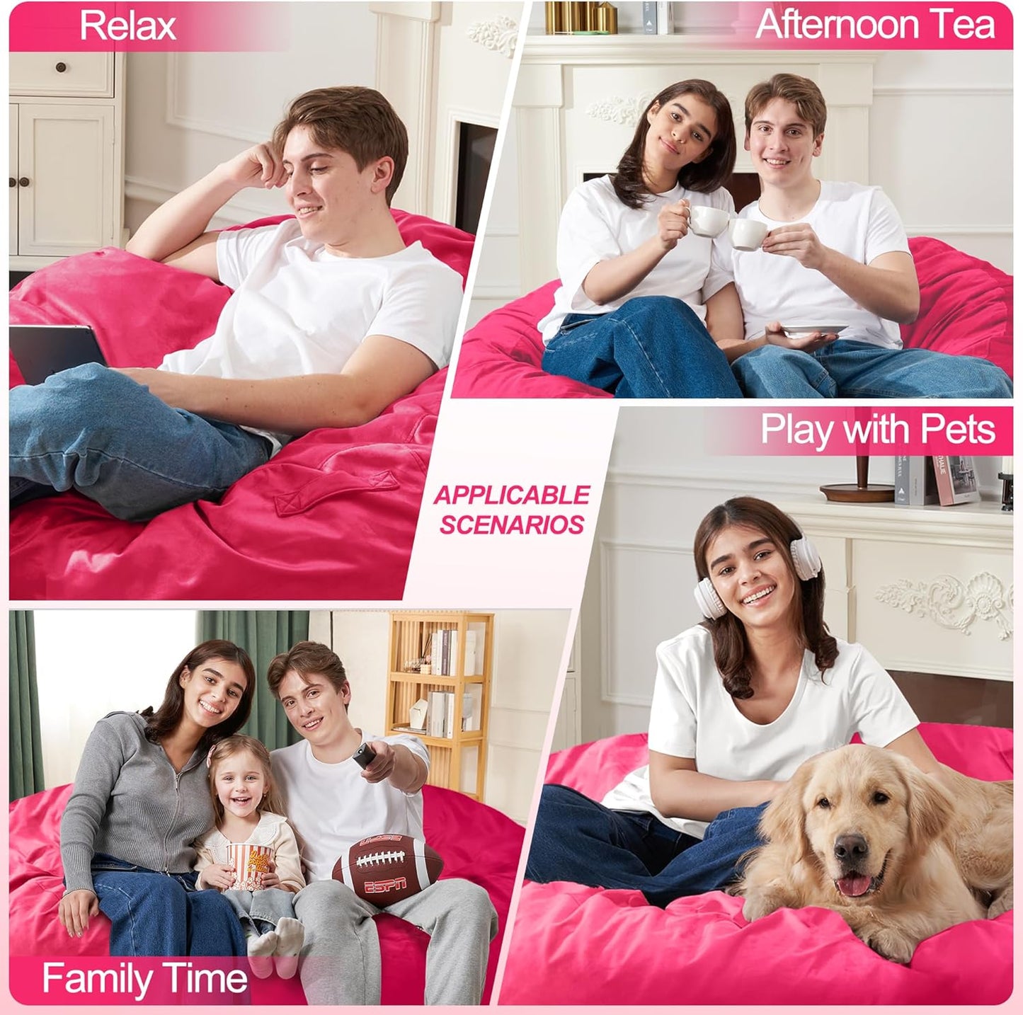 Homguava 4 FT Bean Bag Chair: 4' Bean Bags with Memory Foam Filled, Large Beanbag Chairs Soft Sofa with Dutch Velvet Cover-Pink