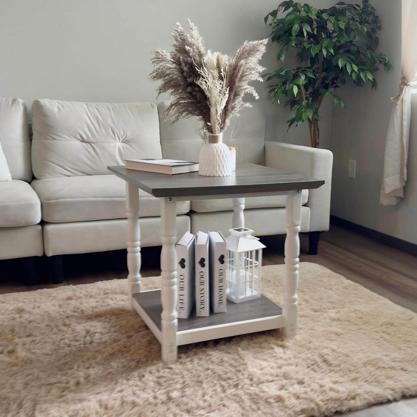 DWVO Farmhouse Square Coffee Table Set of 2, Antique Accent Side Table with Floor Shelf, 23.6"x 23.6" Living Room Furniture, Vintage Ivory & White