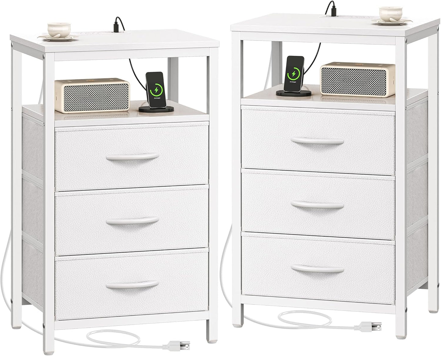Huuger Nightstands Set of 2, 27.6 Inch End Tables with Charging Station, Bedside Tables with Drawers, PU Leather Finish, USB Port and Outlet, Night Stands for Bedroom, White