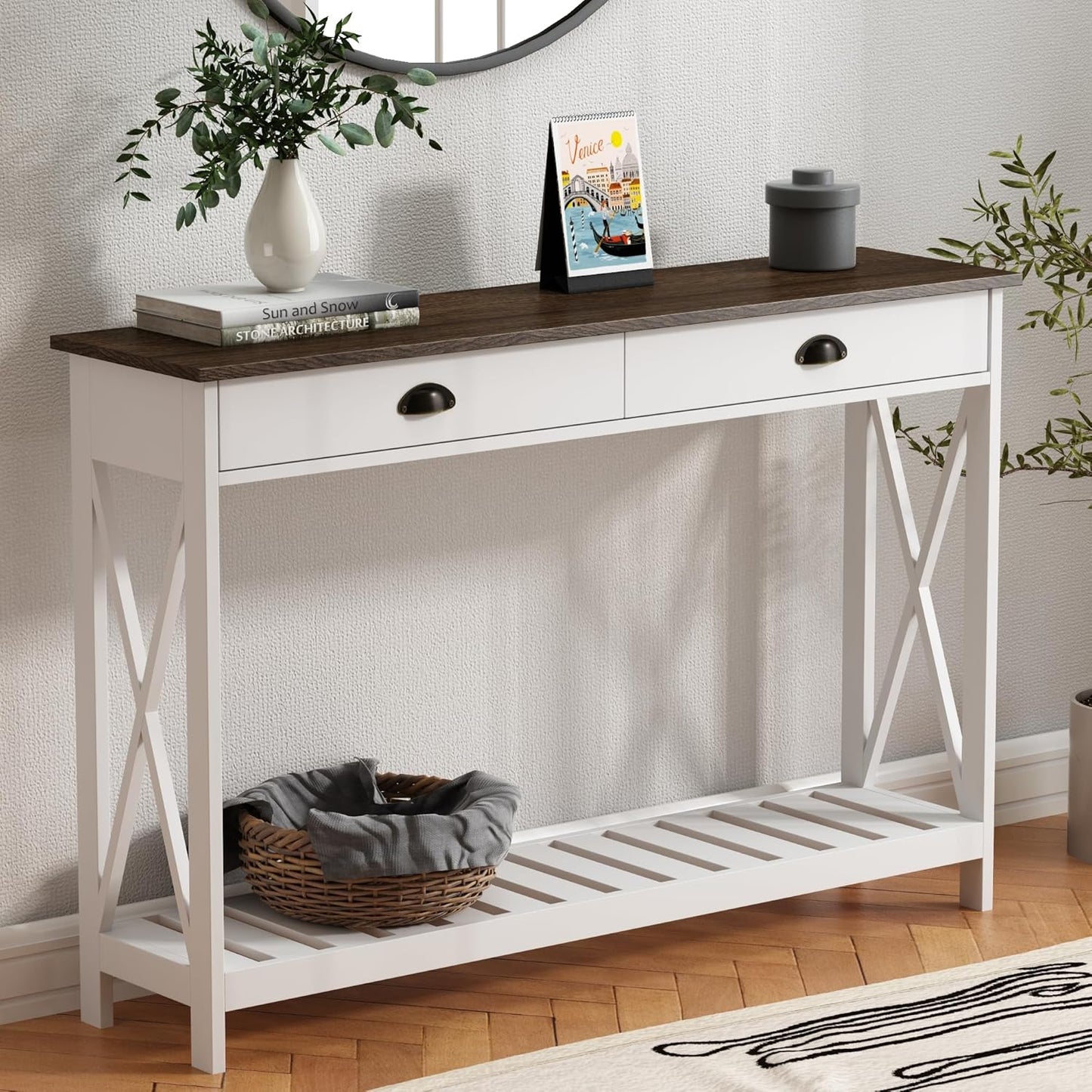ChooChoo 47" Farmhouse Console Table with Drawer for Entryway, Narrow Long Entry Table with Shelf for Living Room, Rustic Vintage Hallway Sofa Table with Stable X Supports, White