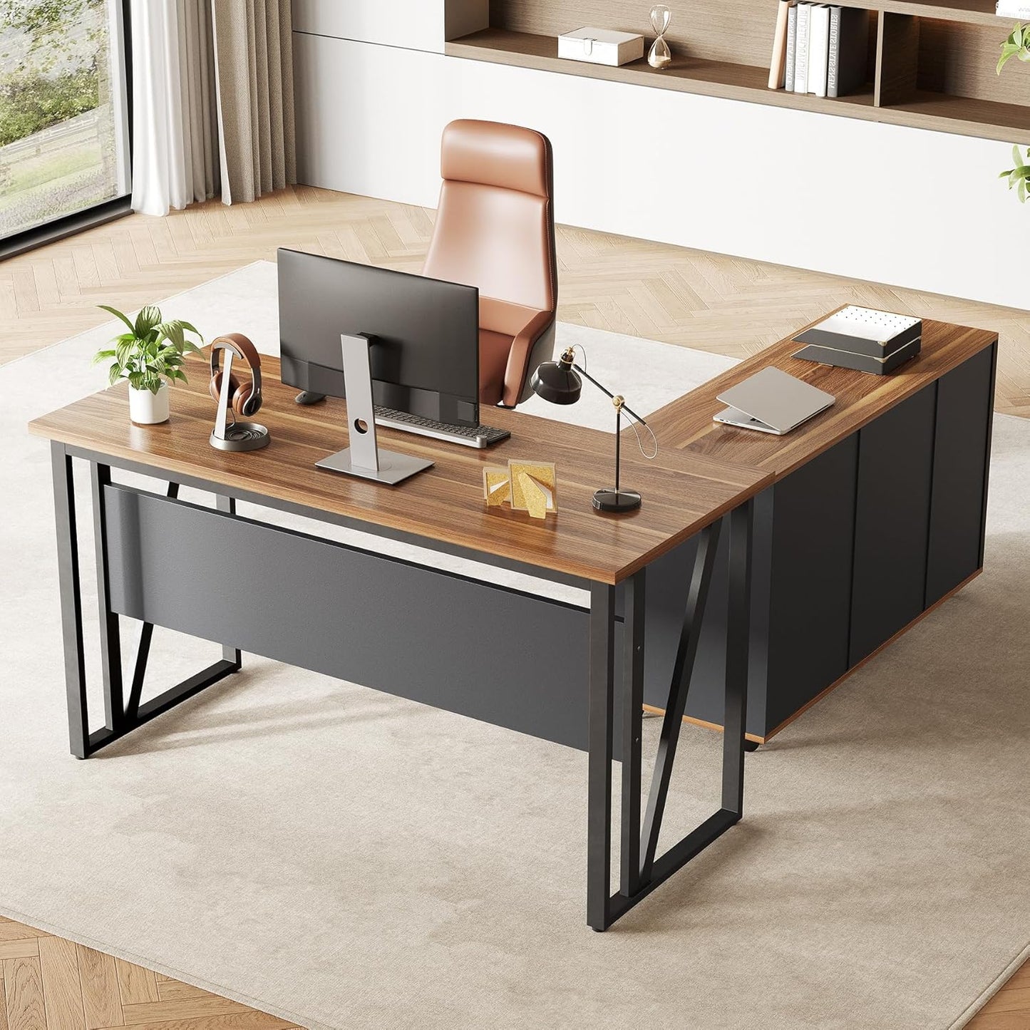 LITTLE TREE 55-Inch L-Shaped Computer Desk, Large Corner Desk with Drawers, Modern Office Workstation Study Desk, Corner Computer Desk for Home Office, Bedroom, Brown