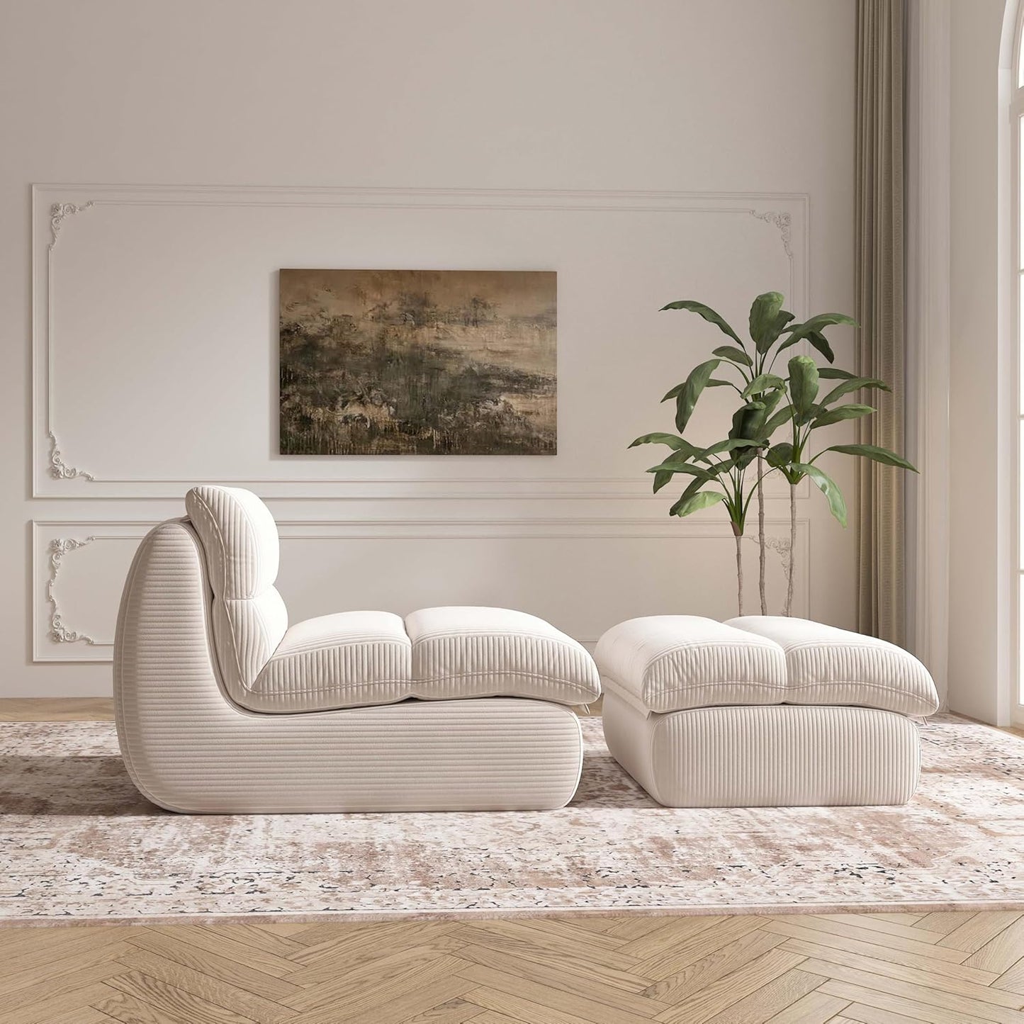 Bean Bag Chair with Ottoman, Cozy Comfy Reading Nook Chairs, Ultra Soft Corduroy Fabric Bean Bag Chairs for Adults, Reading Chair with Ottoman for Living Room, Bedroom Apartment (Beige)