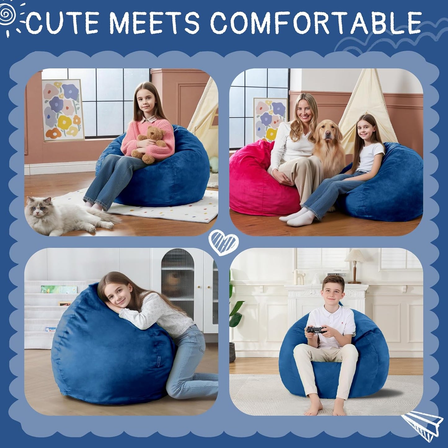 2FT Bean Bag Chair with Ultra Soft Velvet Cover Bean Bag Sofa with Memory Foam Bean Bag Chairs with Large Size Lazy Sofa for Dorm Office Living Room Bedroom Blue 2'