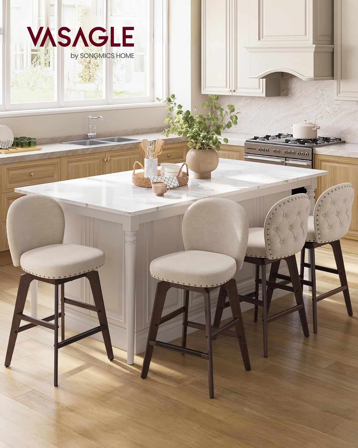 VASAGLE Bar Stools Set of 2, Swivel Counter Height Bar Stools with Back and Wood Legs, Chenille Fabric Upholstered Barstools, 26.2-Inch Tall Counter Barstools for Kitchen Island, Cappuccino Beige