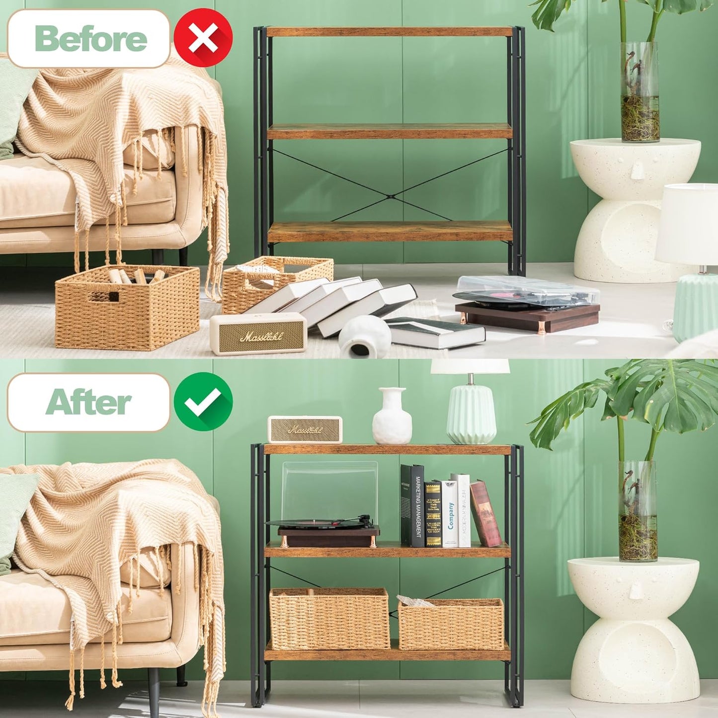 HCHQHS Bookshelf, 3-Tier Industrial Bookcase, Rustic Open Book Shelf, Freestanding Horizontal Bookshelves with Metal Frame