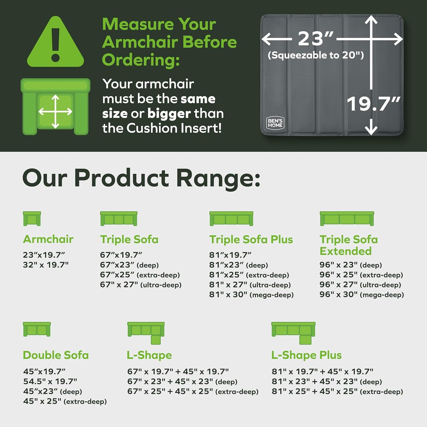 BEN'SHOME® Recliner Cushion Support for fix Sagging Seats - Heavy Duty Solid .5" Wood Chair Support Board | Adjustable 20"-23" x 19.7" Under Cushion Insert | Non-Slip Furniture Saver | 400 LB Capacity
