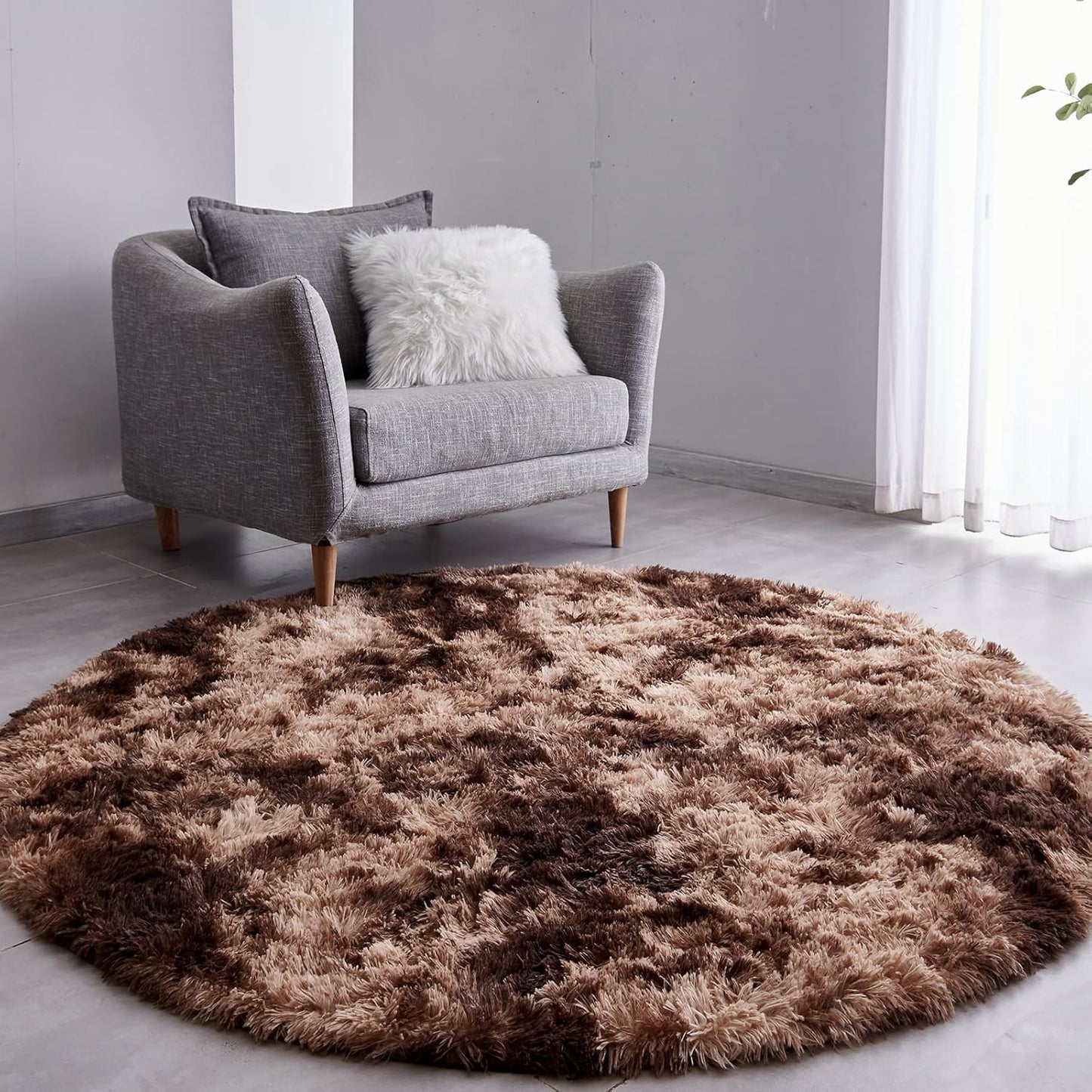 FJZFING Tie-Dyed Coffee Round Rug Ultra-Soft Plush Modern 6x6 Circle Area Rug for Kid's Bedroom, Fluffy Shag Circular Rug for Nursery Room, Non-Slip Home Decor Carpet for Teen's Room