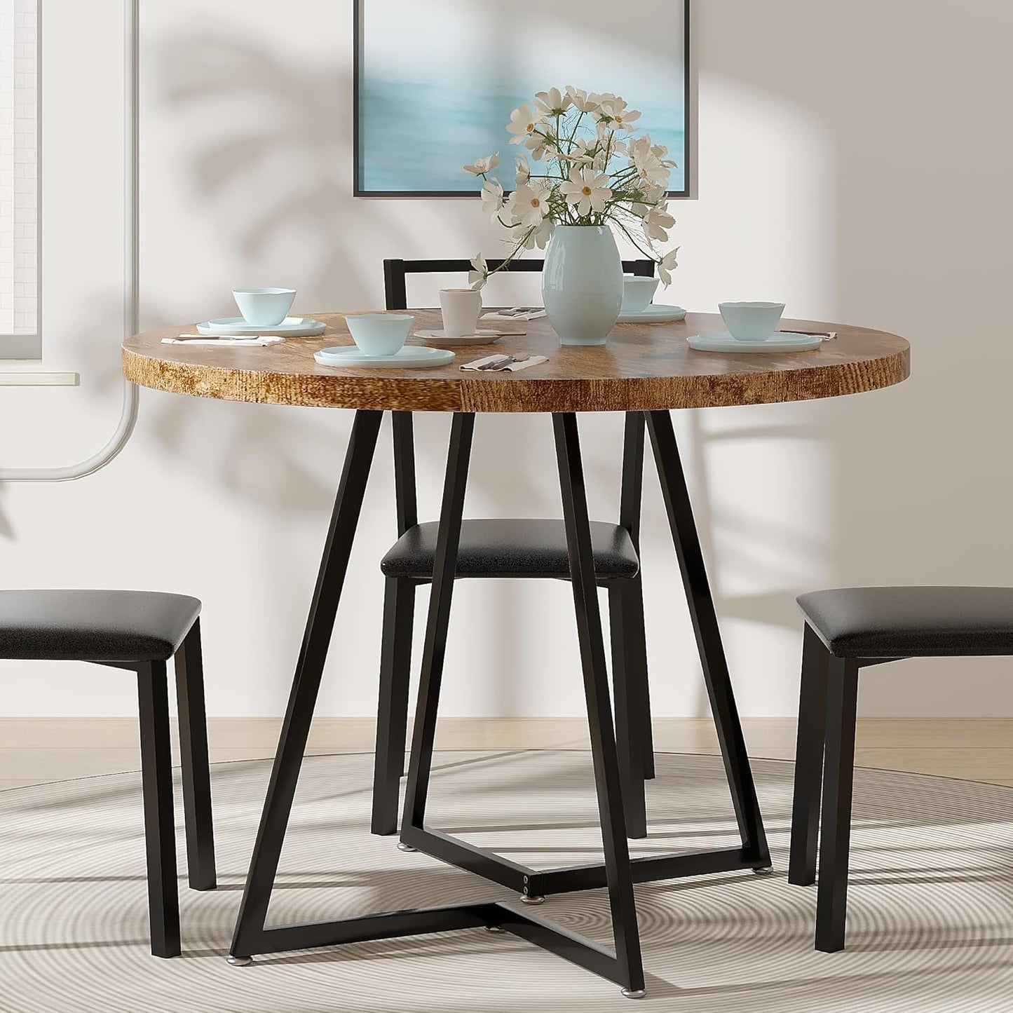 VECELO 35" Round Dining Table for 4, Wood-Grain Tabletop & Heavy-Duty Steel Frame, for Kitchen, Living Room, Easy Assembly, Antique Brown