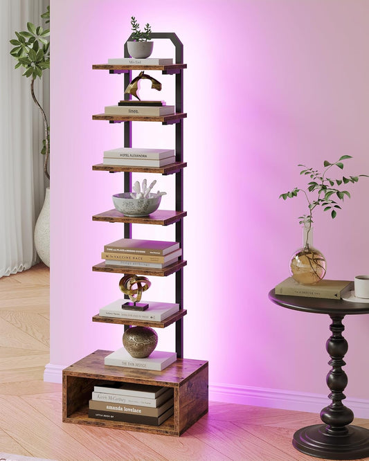 8-Tier Bookshelf, LED Bookcase with Semi-Open Bottom, Small Space Standing Shelf with Lights, Corner Storage Stand, for Living Room, Home Office, Bedroom, Rustic Brown TSJ08DBF