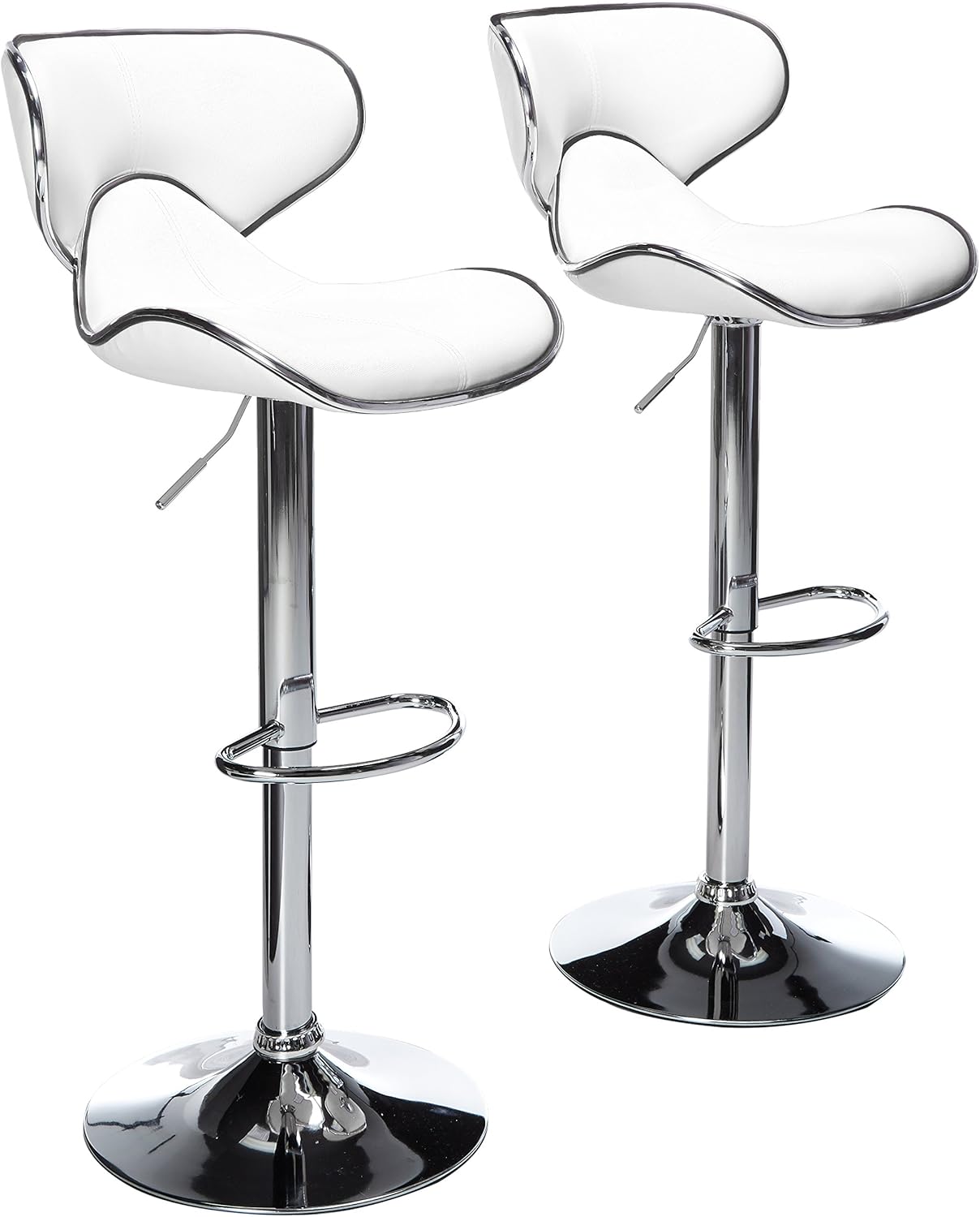 Roundhill Furniture Masaccio Cushioned Leatherette Upholstery Airlift Adjustable Swivel Barstool with Chrome Base, Set of 2, White