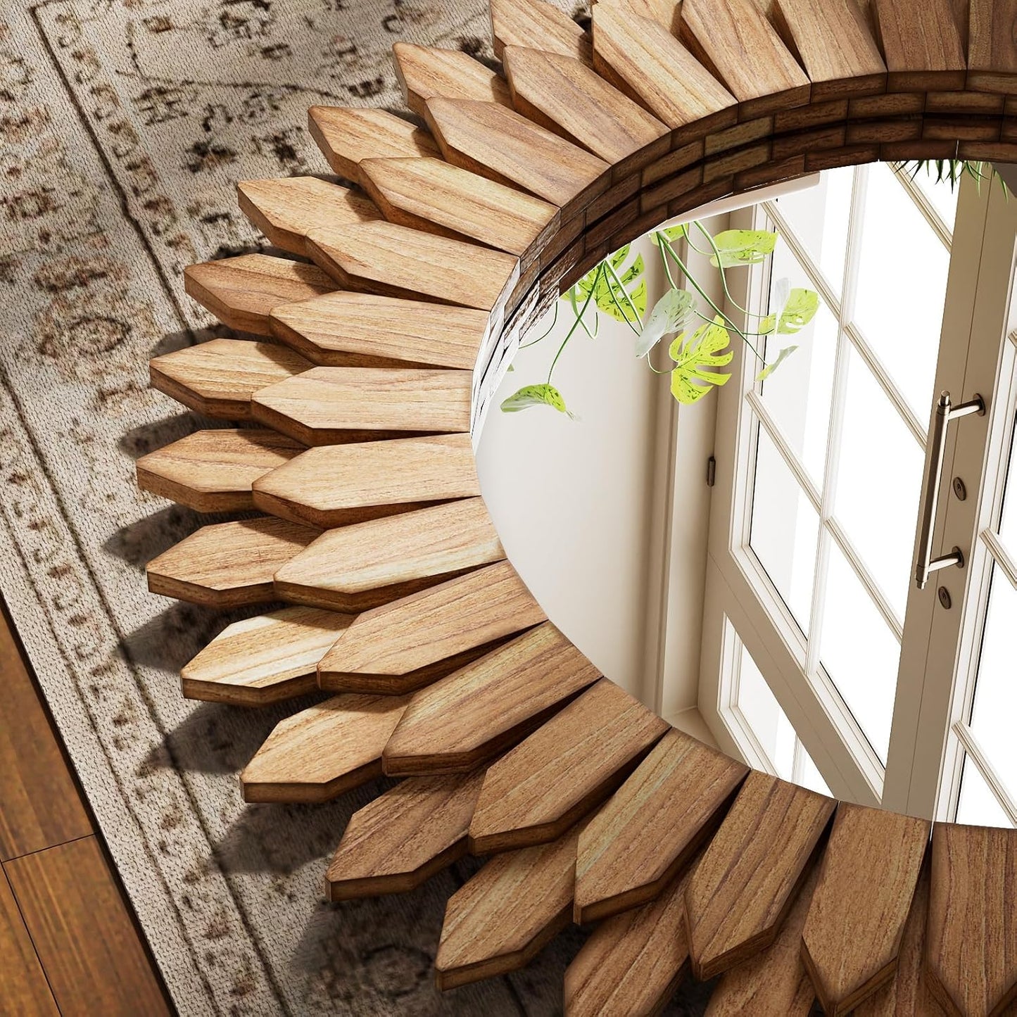 24 Inch Brown Boho Wall Decor Sunburst Mirror - Round Wooden Wall Decor, Handmade Rustic Circular Mirror for Living Room, Bedroom, Entryway, Office